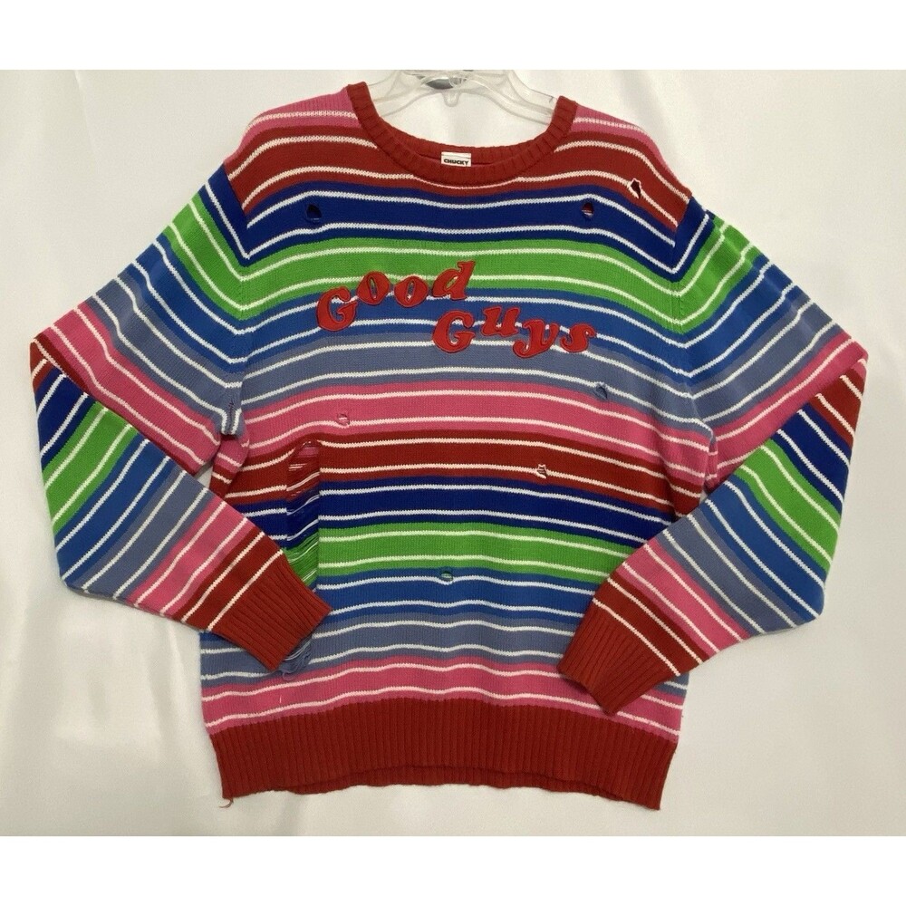 Chucky Spirit Halloween Good Guys Rainbow Stripe Distressed Knit Shirt XL
